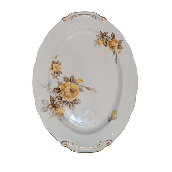 Vintage Sango China Oval Serving Platter Gold Trim Yellow Rose Design - Picture 4 of 11
